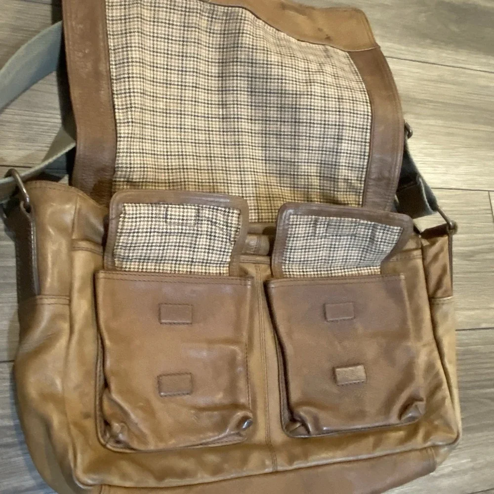 Fossil x JR leather Collab Oak‎ Tanned Messenger Bag Houndstooth Lined Large